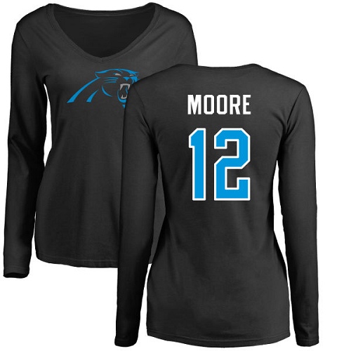 Carolina Panthers Black Women DJ Moore Name and Number Logo Slim Fit NFL Football #12 Long Sleeve T Shirt->women nfl jersey->Women Jersey